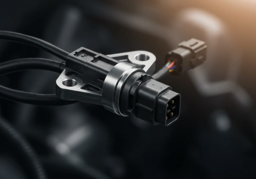 Nahaufnahme eines Kurbelwellensensors mit Kabeln im Auto.