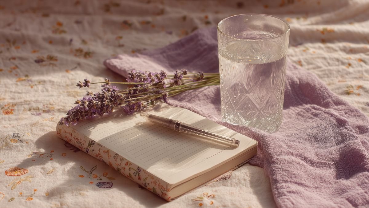 Ein Glas Lavendelblütenwasser, ein Notizbuch und eine Blume auf einem Tisch.