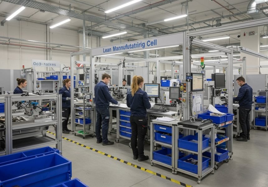 Ein Lean-Manufacturing-Arbeitsplatz mit mehreren Mitarbeitern, die effizient arbeiten.