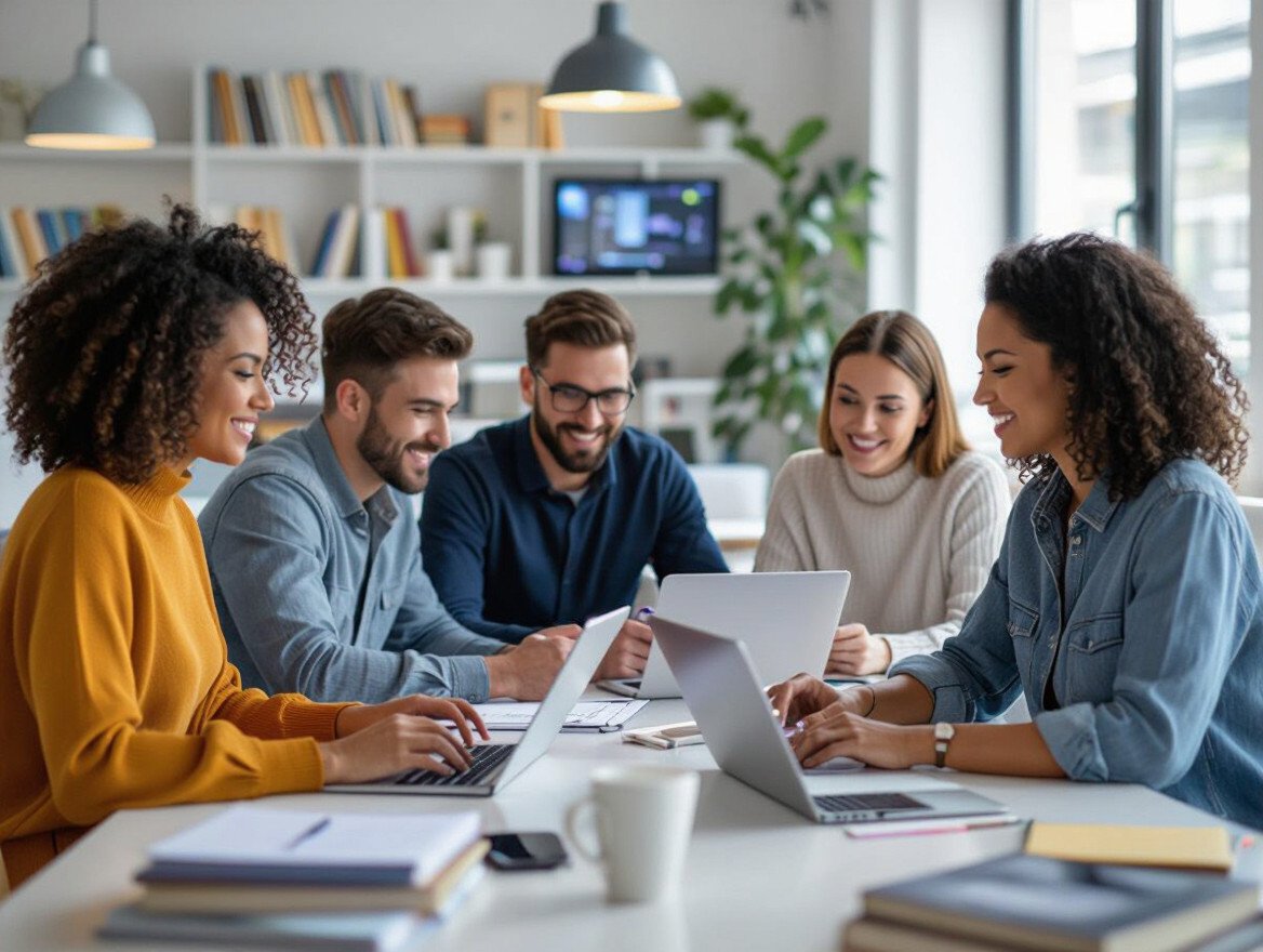 Eine Gruppe von fünf jungen Erwachsenen arbeitet gemeinsam an Laptops in einem modernen Raum.
