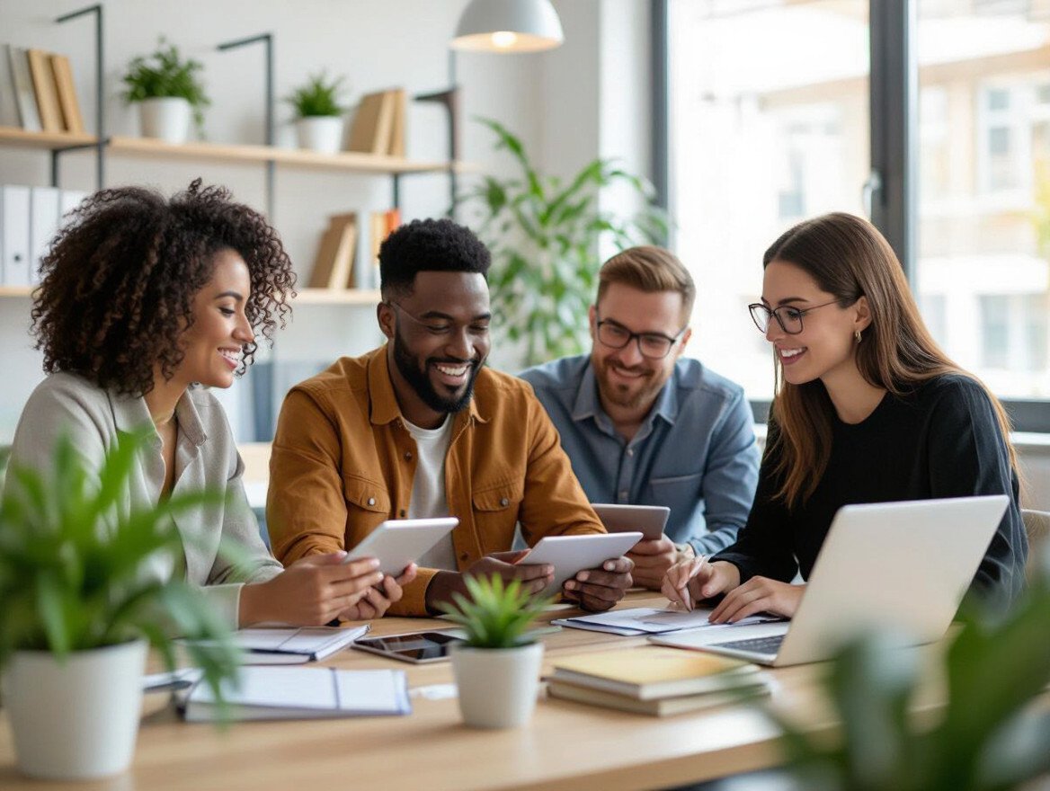Eine Gruppe von vier Personen arbeitet zusammen an Tablets und einem Laptop in einem modernen Büro.