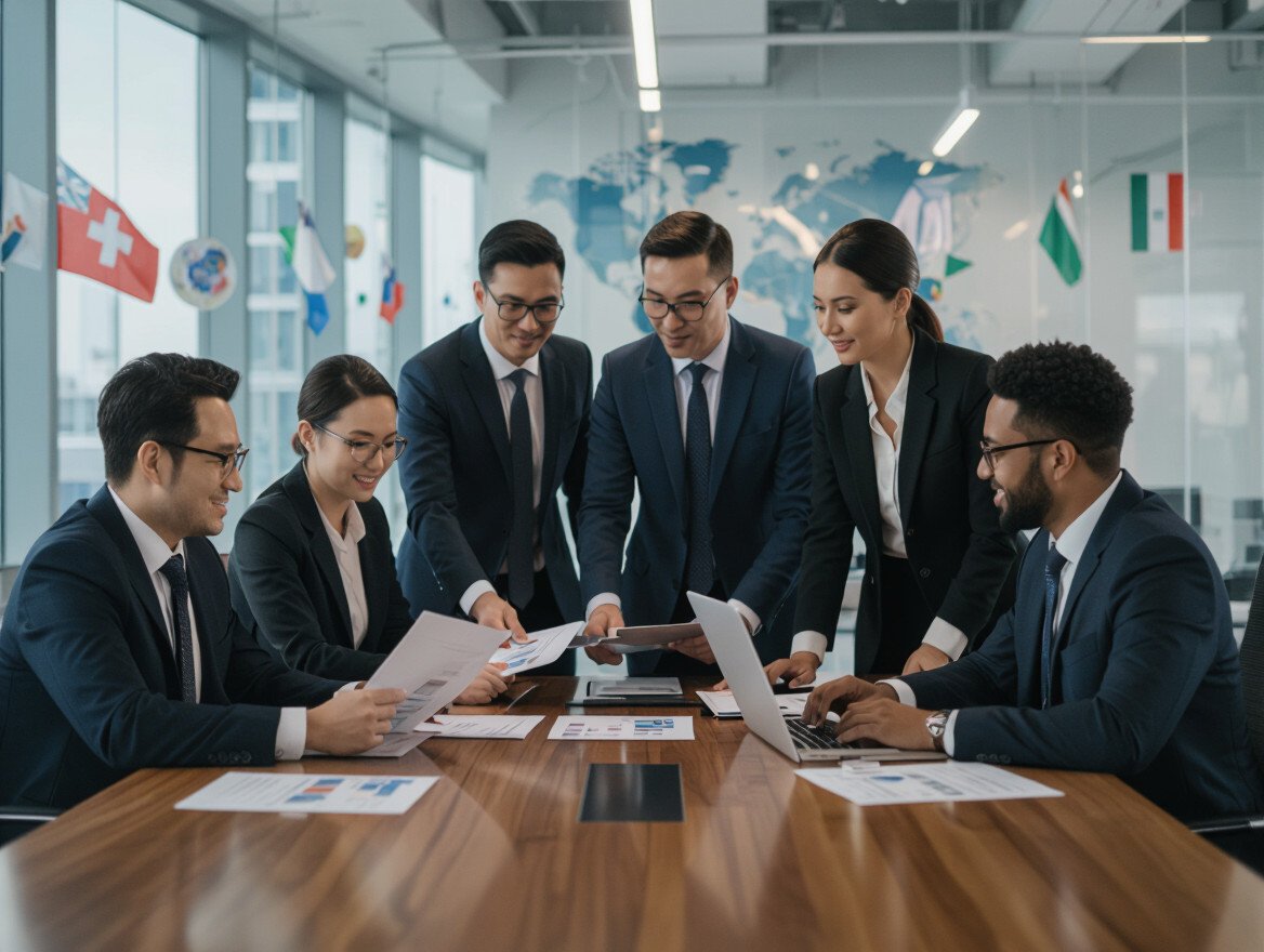 Eine Gruppe von sechs Fachleuten in Anzügen diskutiert Dokumente in einem modernen Büro.