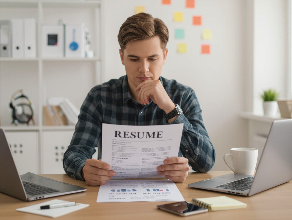 Ein junger Mann studiert seinen Lebenslauf am Schreibtisch mit Laptops.