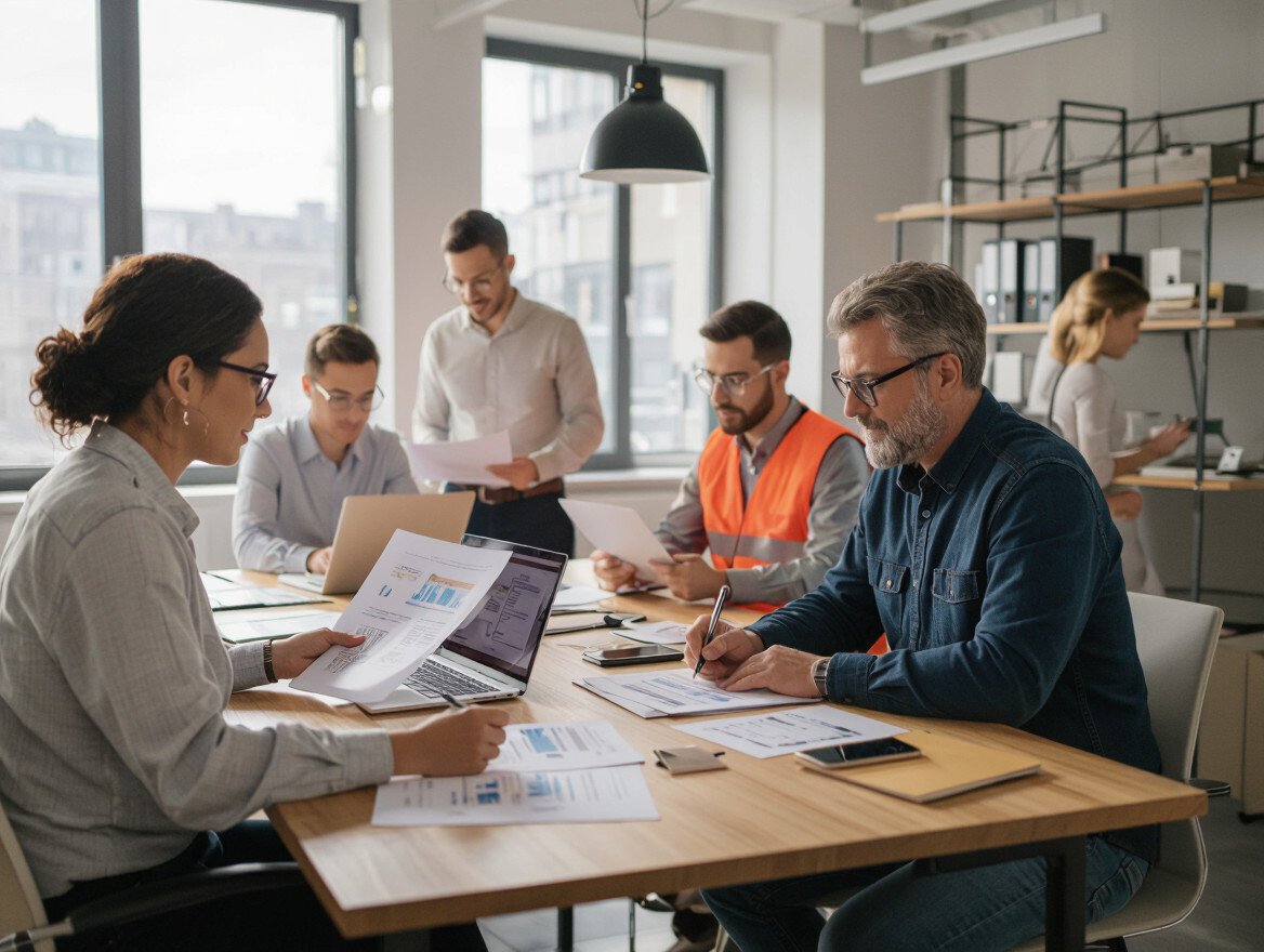 Eine Gruppe von Fachleuten arbeitet an einem Tisch mit Laptops und Dokumenten.