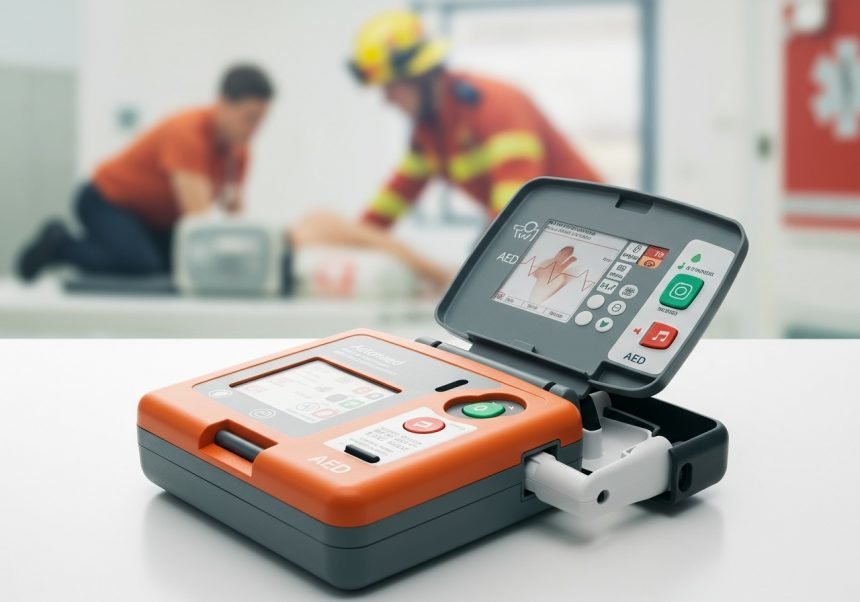 Ein AED-Gerät mit geöffnetem Deckel, bereit zur Anwendung bei einem Notfall.