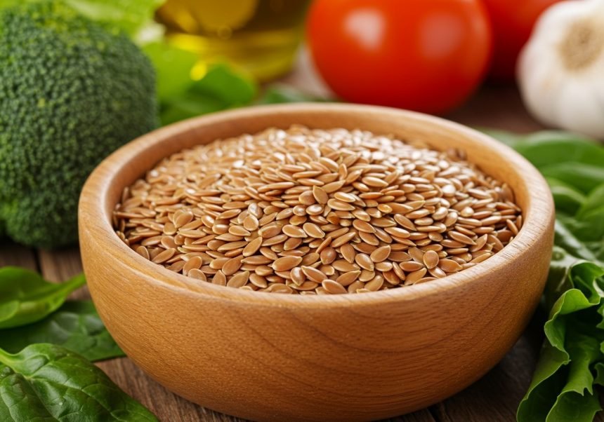 Eine Holzschale mit Leinsamen umgeben von frischem Gemüse wie Brokkoli und Tomaten.