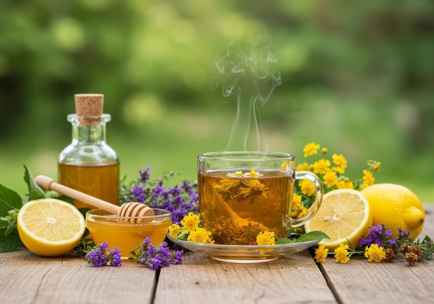 Eine Tasse dampfender Leinsamentee umgeben von frischen Kräutern und Zitrone.