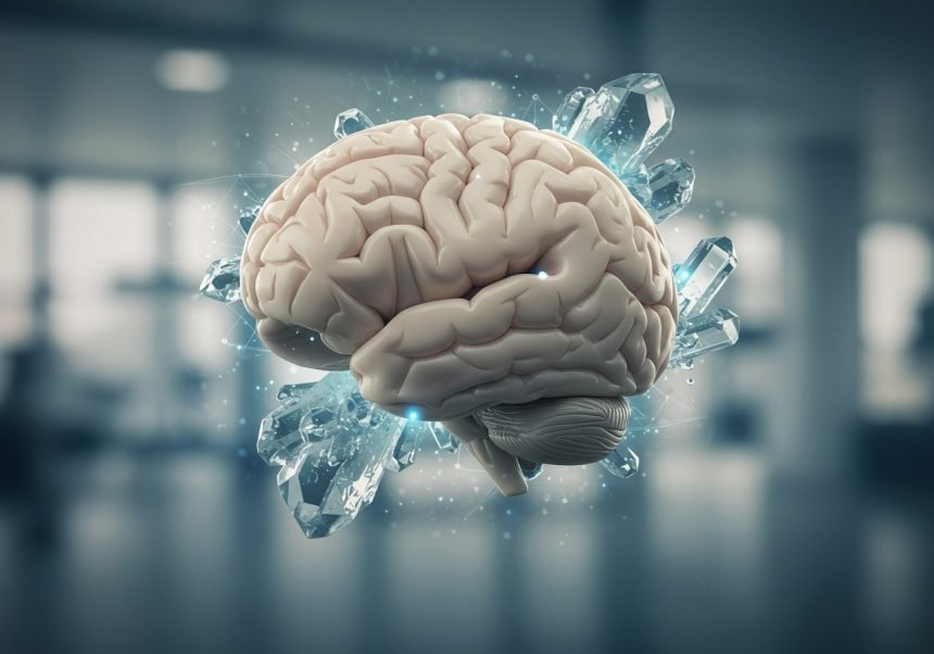 Ein menschliches Gehirn umgeben von leuchtenden Kristallen, symbolisiert Lithium-Therapie.