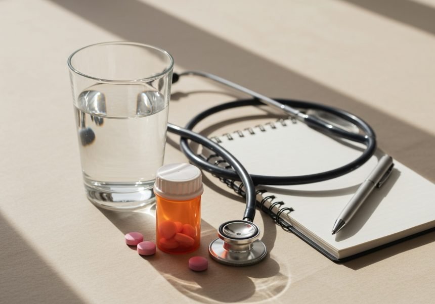 Ein Glas Wasser, eine Flasche mit rosa Tabletten und ein Stethoskop auf einem Tisch.