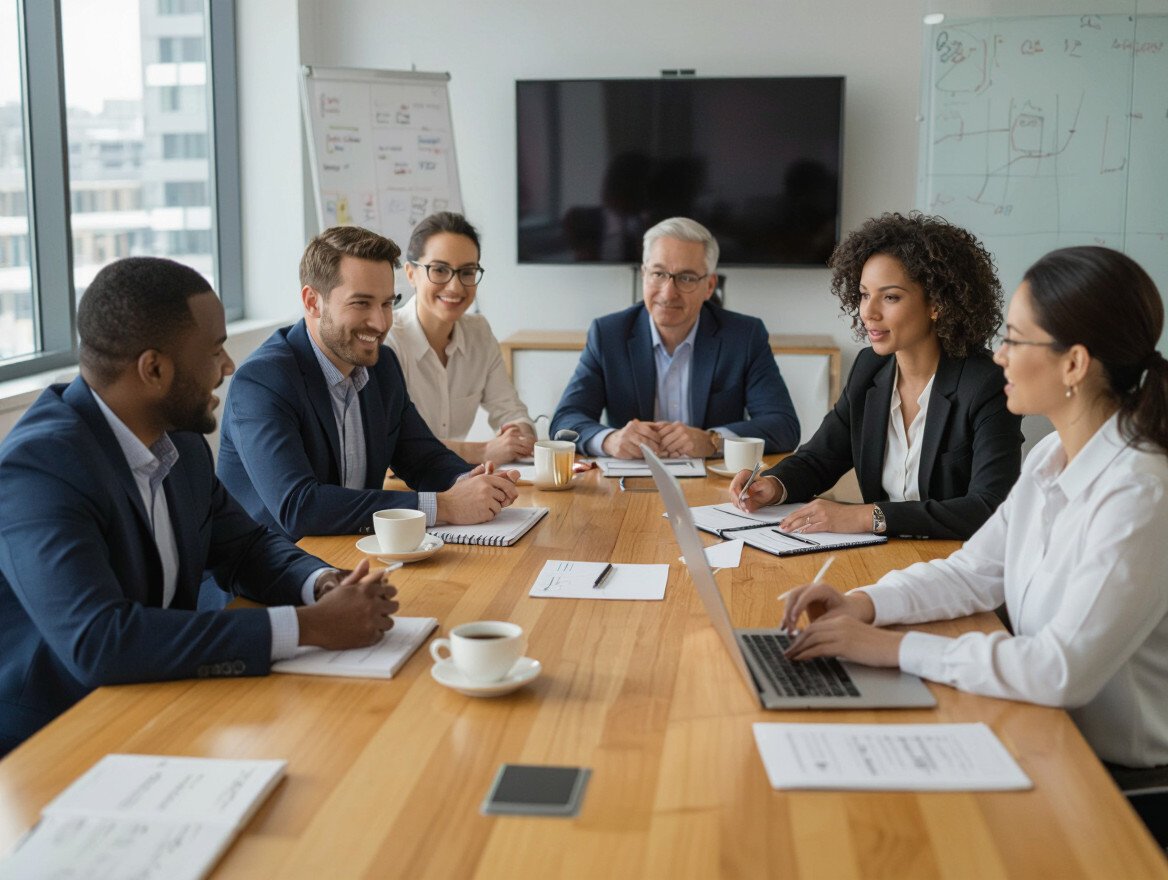 Eine Gruppe von Fachleuten diskutiert in einem modernen Konferenzraum.