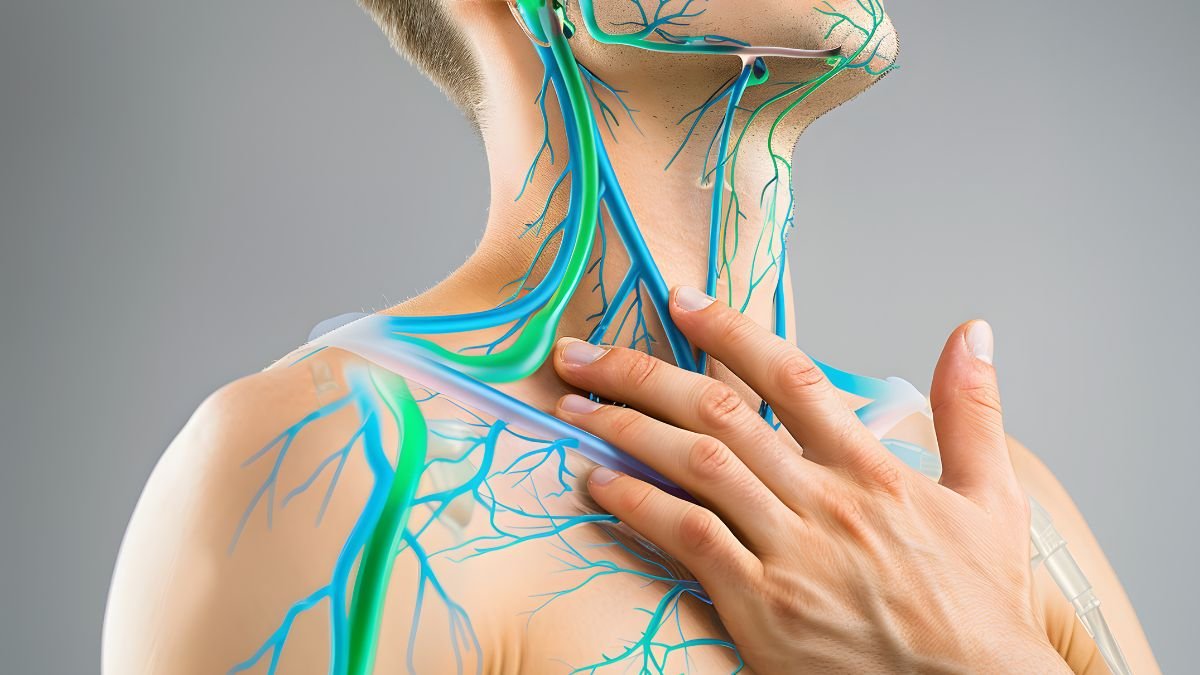 Eine anatomische Darstellung des Lymphsystems im Halsbereich eines Menschen.