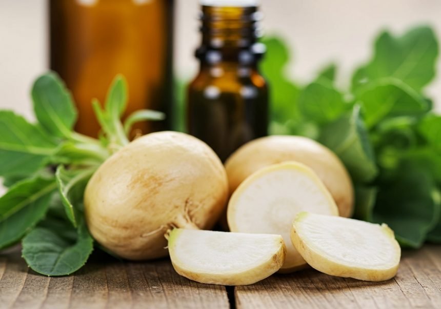 Maca-Wurzel und gesunde Blätter auf einem Holztisch, umgeben von ätherischen Ölen.