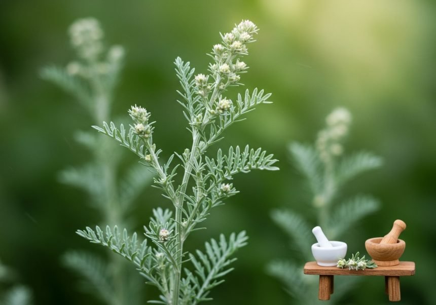 Eine Mädesüß-Pflanze mit kleinen weißen Blüten vor unscharfem Hintergrund.