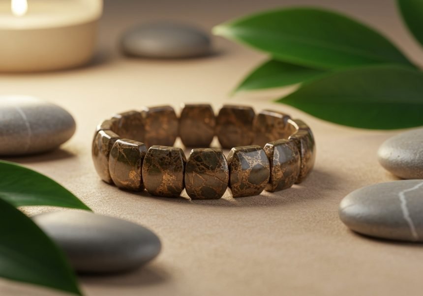 Ein stilvolles Magnesit-Armband aus braunen Steinen auf einem neutralen Untergrund.