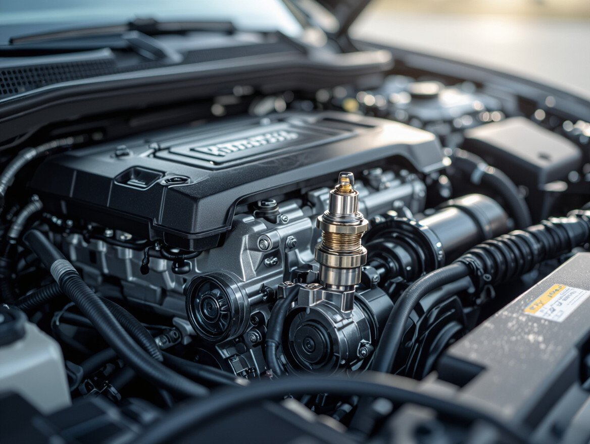 Detailaufnahme eines modernen Automotors mit Zündsystem und Magnetzündung.