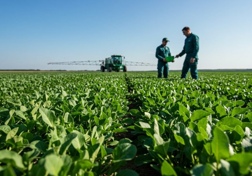 Zwei Landwirte prüfen Pflanzen in einem Feld, während ein Sprühgerät im Hintergrund arbeitet.