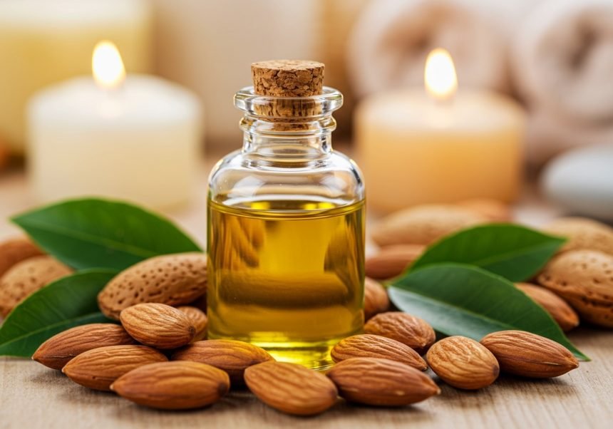 Eine Flasche Mandelöl umgeben von Mandeln und grünen Blättern auf einem Holztisch.