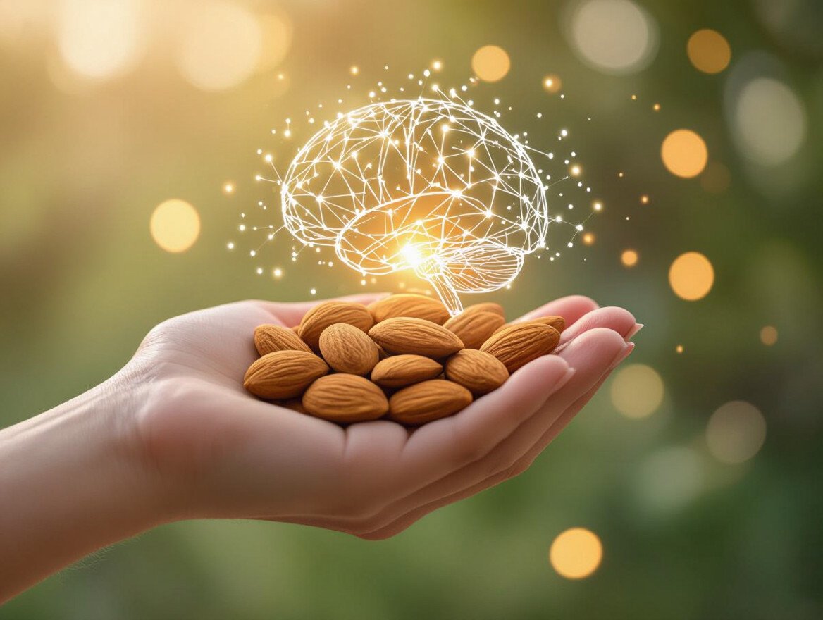 Eine Hand hält Mandeln, über der ein leuchtendes Gehirn-Symbol schwebt.
