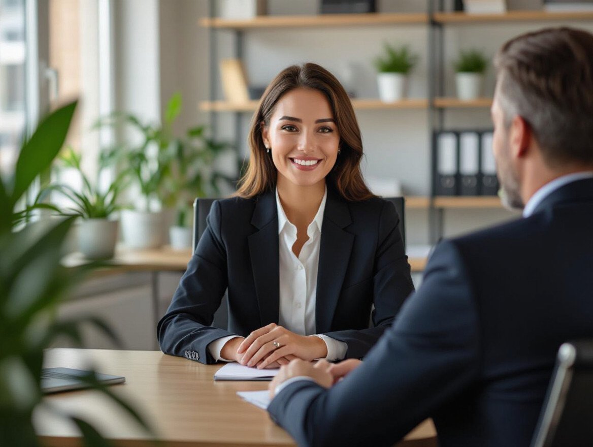 Eine Frau in einem Anzug sitzt lächelnd an einem Tisch während eines Gesprächs.