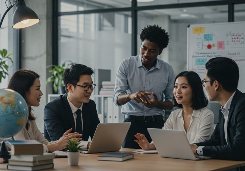 Eine Gruppe von fünf Personen diskutiert in einem modernen Büro, umgeben von Laptops und einem Globus.