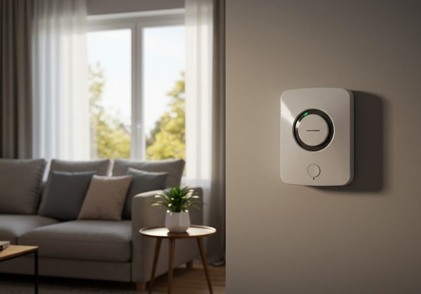 Ein CO-Melder an der Wand in einem modernen Wohnzimmer mit Pflanzen.