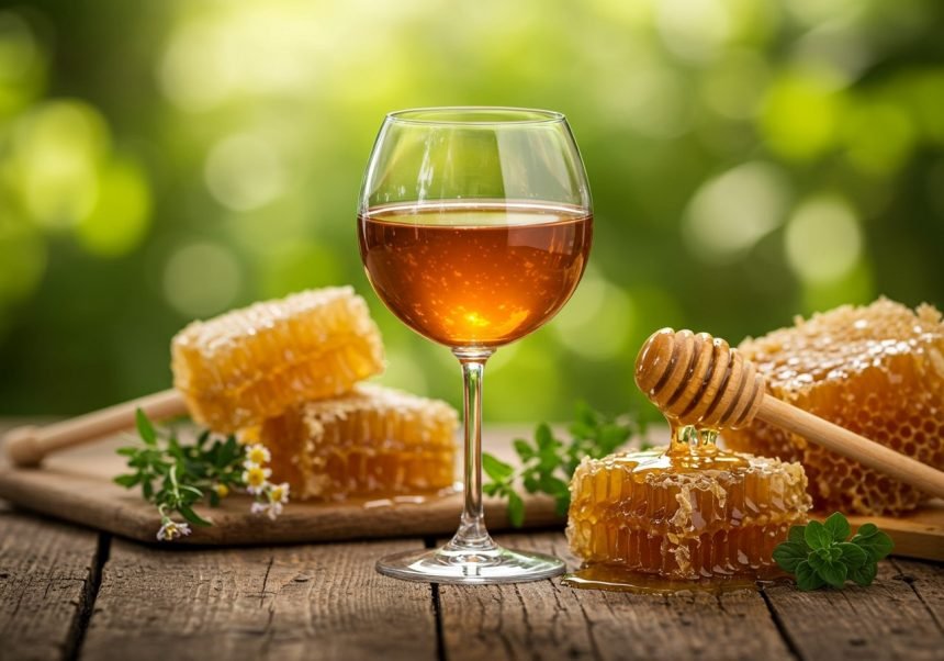 Ein Glas Met-Wein steht neben frischen Waben und Honig auf einem Holztisch.
