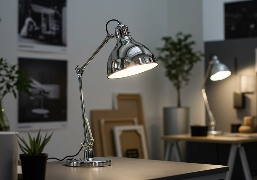 Moderne Metallhalogenlampe auf einem Schreibtisch in einem stilvollen Raum.