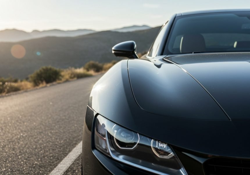 Ein elegantes Auto mit Metallic-Lackierung, das auf einer Straße steht.