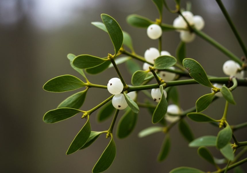 Zweig der Mistel mit grünen Blättern und weißen Beeren.