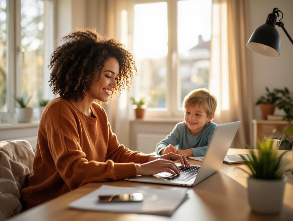 Eine Mutter arbeitet am Laptop, während ihr Sohn lächelnd am Tisch sitzt.