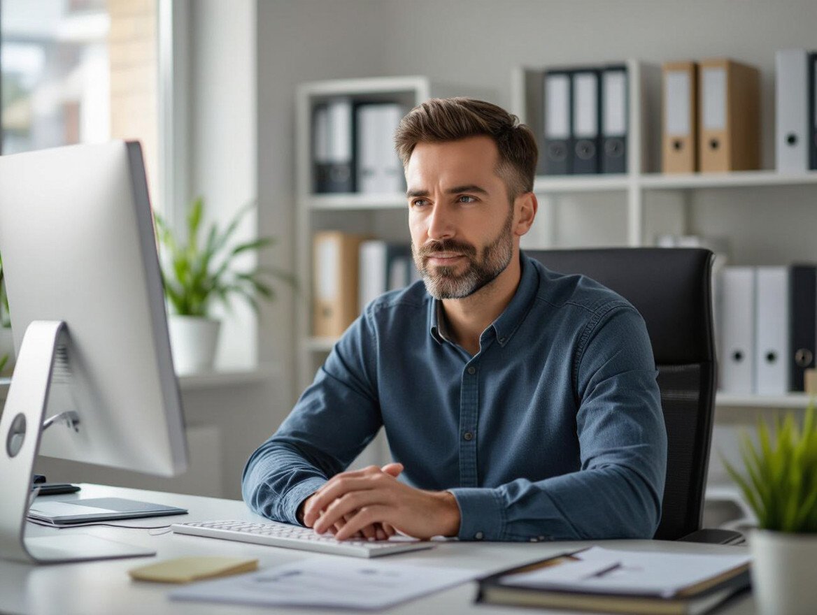 Ein Mann sitzt konzentriert an seinem Schreibtisch vor einem Computer.