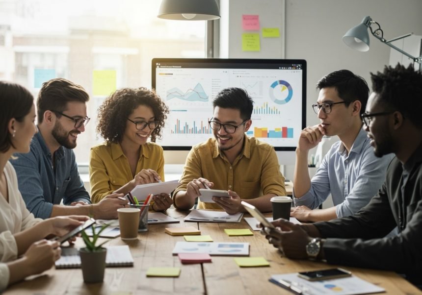 Eine Gruppe von Menschen diskutiert in einem modernen Büro über MLM-Strategien.