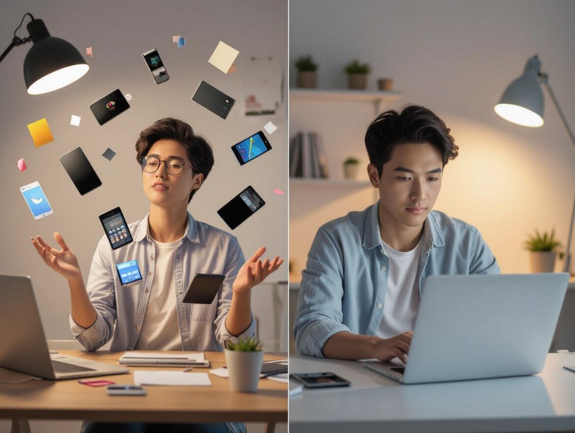 Ein junger Mann jongliert mit Smartphones und Notizen, symbolisiert Multitasking.