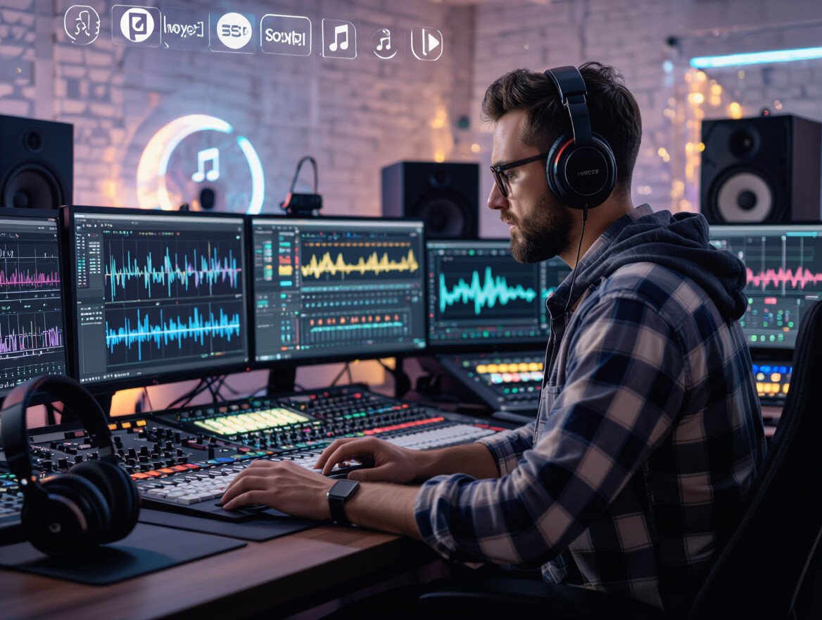 Ein Musikproduzent arbeitet konzentriert an mehreren Bildschirmen im Studio.