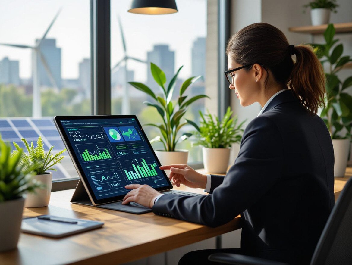 Eine Frau in einem Anzug analysiert nachhaltige Daten auf einem Laptop.