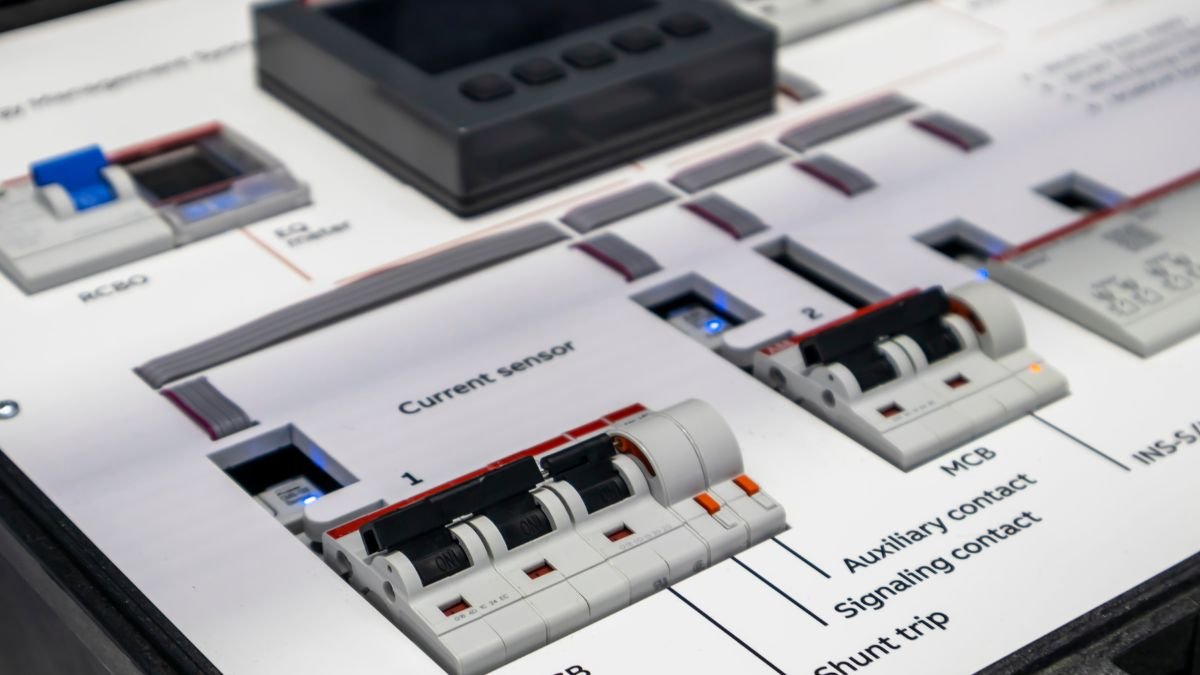 Ein elektrisches Steuergerät mit verschiedenen Schaltern und Sensoren zur Energieüberwachung.