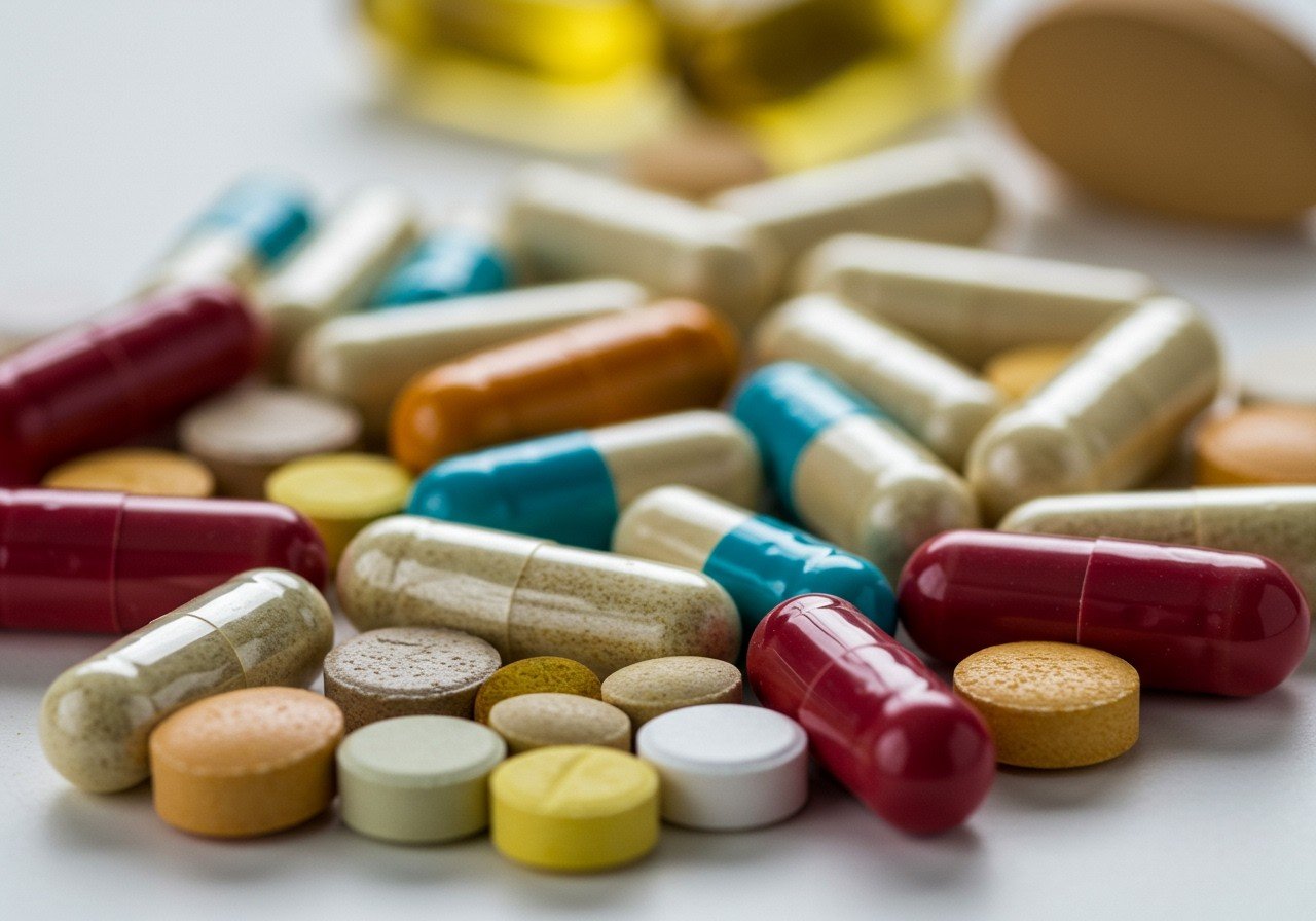Eine Vielzahl von Nahrungsergänzungsmitteln in verschiedenen Formen und Farben.