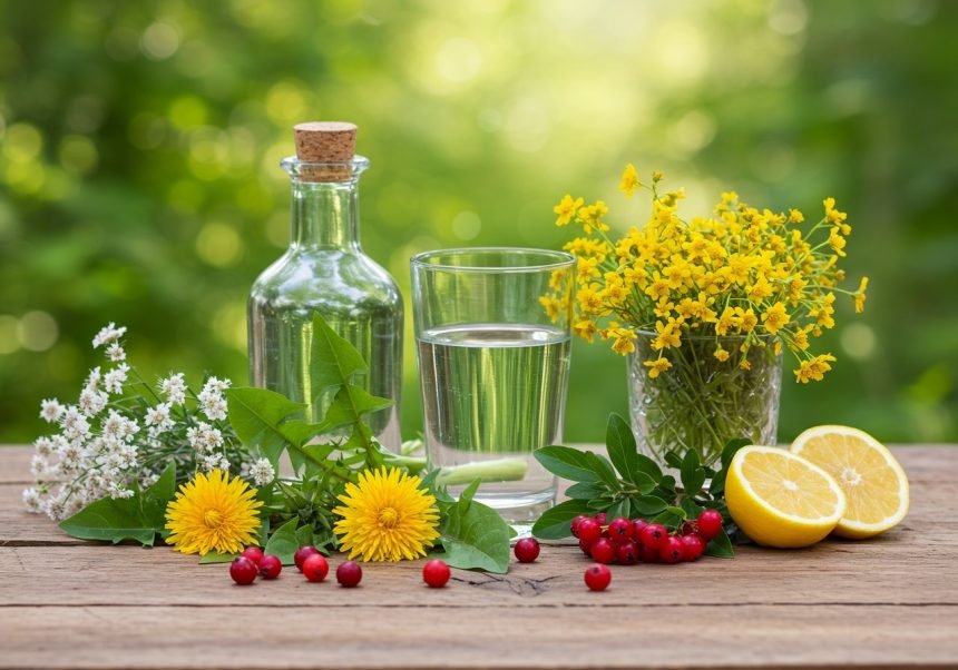 Ein Glas Wasser mit frischen Kräutern, Zitronen und Blumen auf einem Holztisch.
