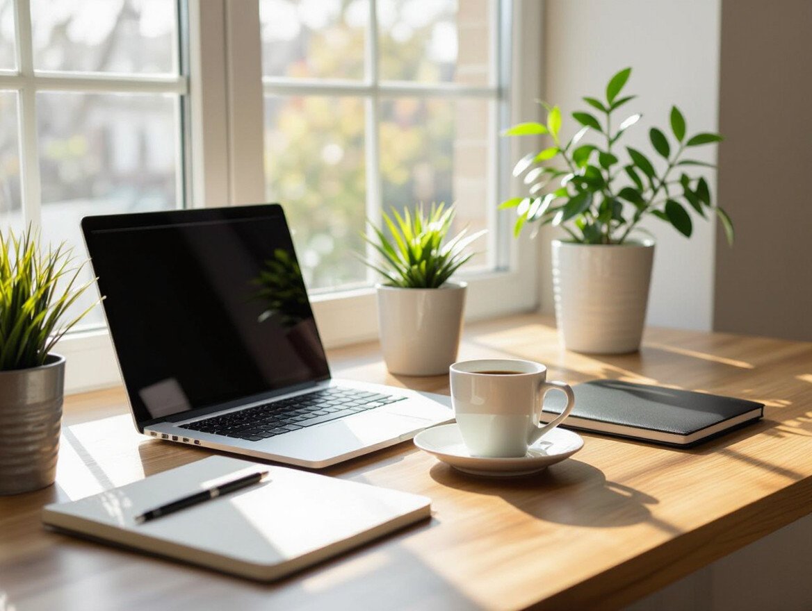Ein ruhiger Arbeitsplatz mit Laptop, Notizbuch und Pflanzen am Fenster.