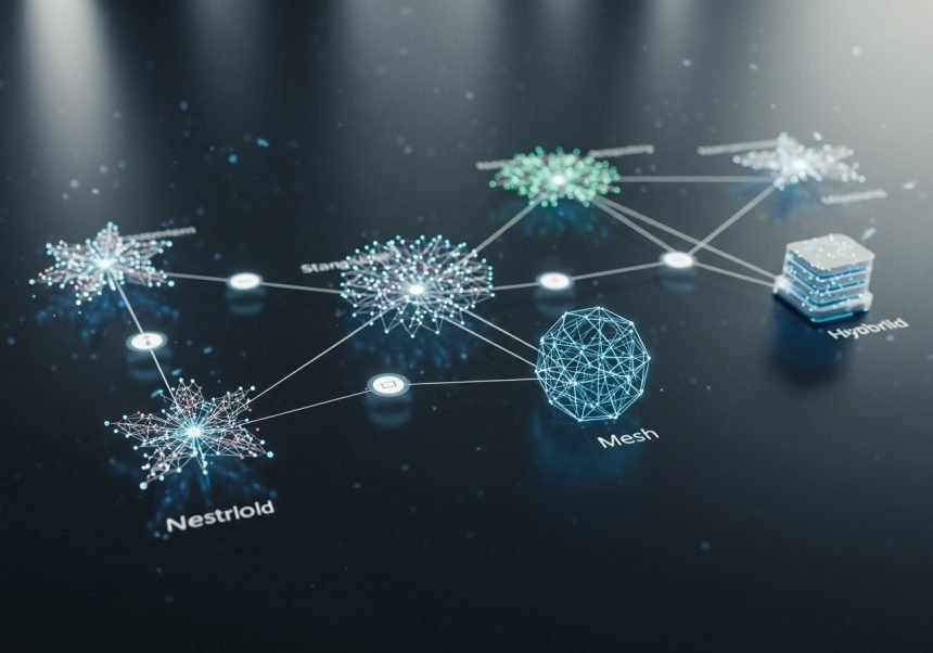 Grafische Darstellung verschiedener Netzwerktopologien mit Verbindungen zwischen Knoten.
