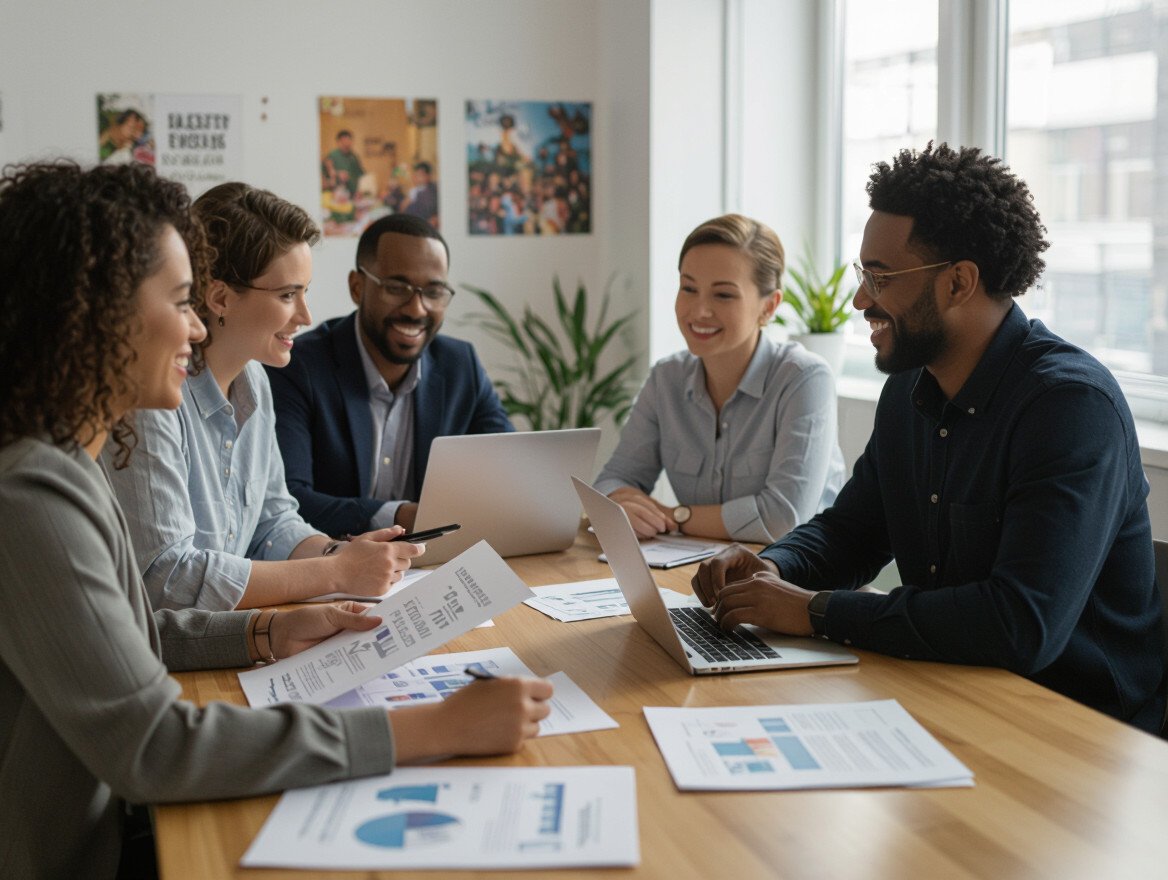Eine Gruppe von Menschen arbeitet zusammen an einem Tisch mit Dokumenten und Laptops.