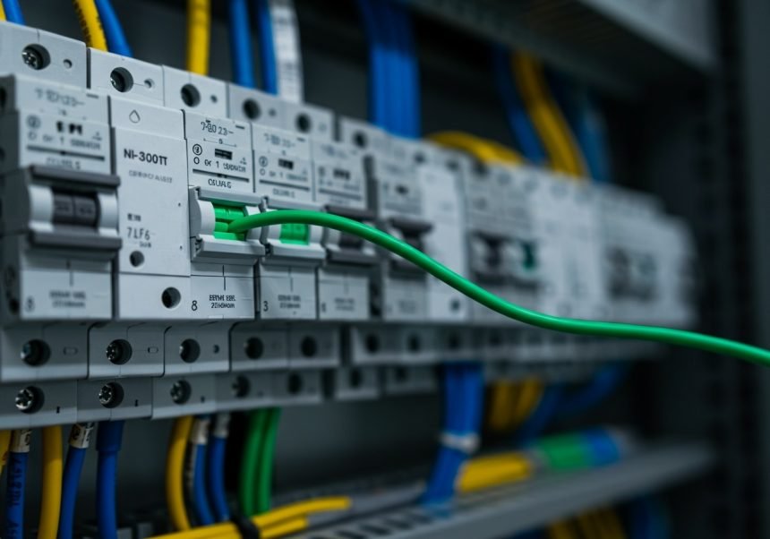 Nahaufnahme von elektrischen Schaltkästen mit grünem Nullleiter.