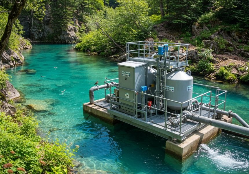 Eine moderne Ölabscheideranlage am Ufer eines klaren Gewässers.