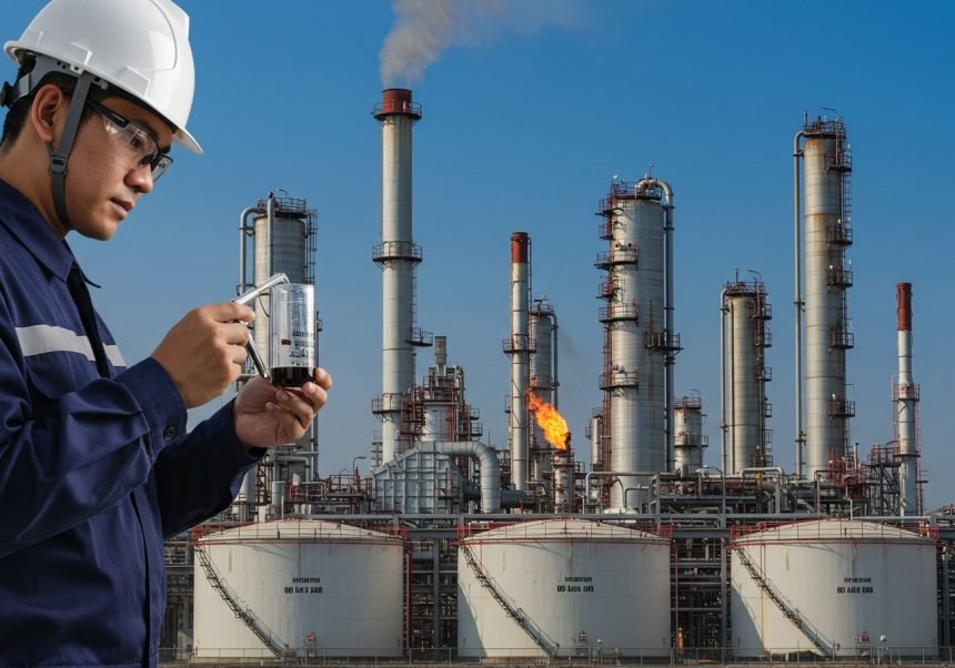 Ein Techniker in Schutzkleidung analysiert eine Probe vor einer Ölraffinerie.