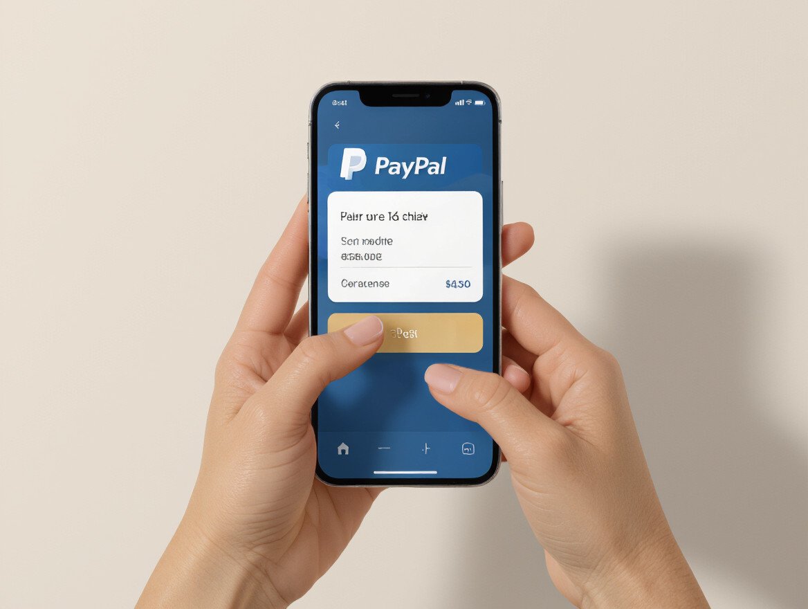 Eine Hand hält ein Smartphone mit der PayPal-App, die eine Zahlung zeigt.