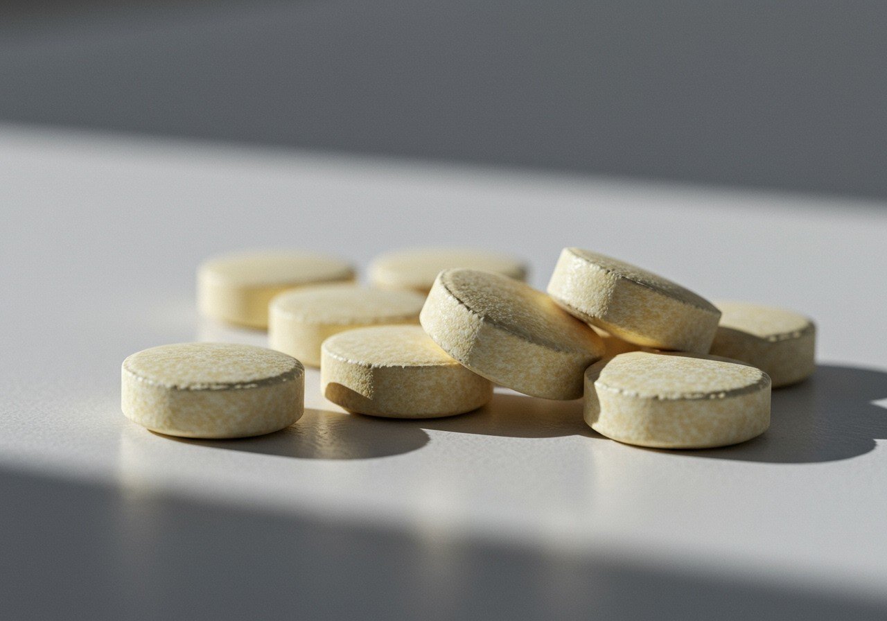 Eine Gruppe gelber Tabletten auf einem hellen Tisch, die für Schmerzlinderung verwendet werden.