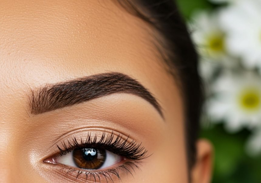 Nahaufnahme einer perfekt geformten Augenbraue über einem strahlenden Auge.