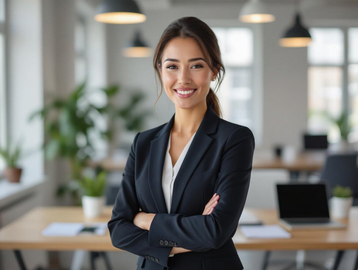 Eine selbstbewusste Frau in einem Anzug lächelt in einem modernen Büro.