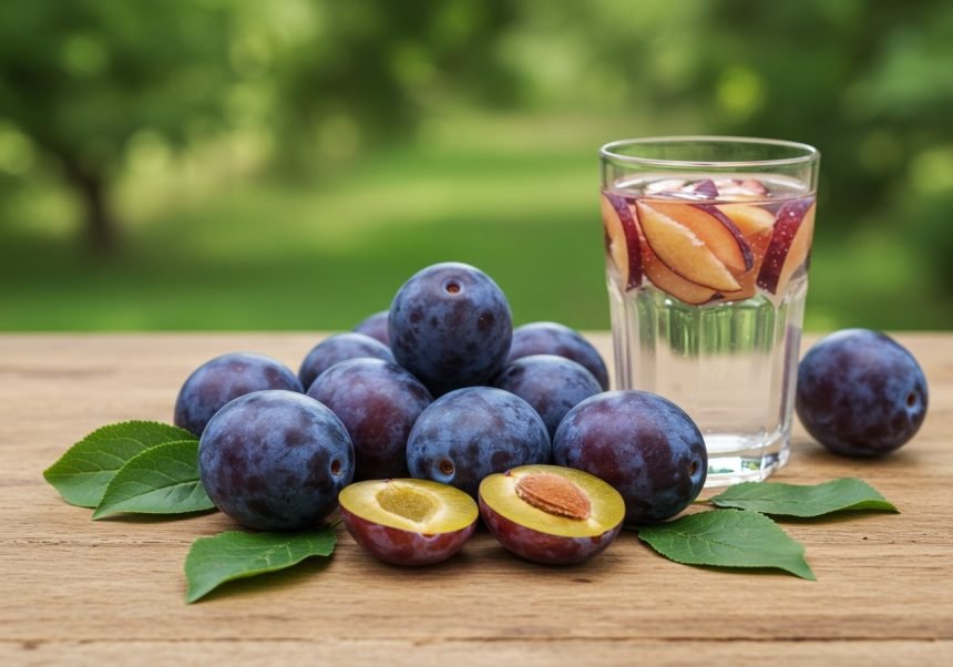 Frische Pflaumen und ein Glas mit Pflaumenstücken in Wasser auf einem Holztisch.