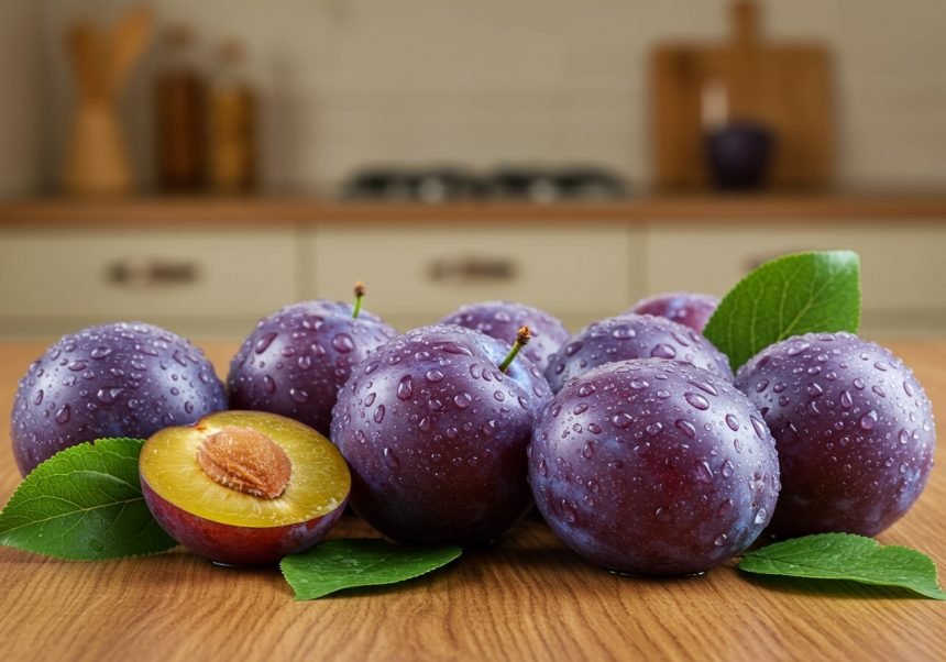 Frische, saftige Pflaumen mit Wassertropfen auf einem Holztisch.